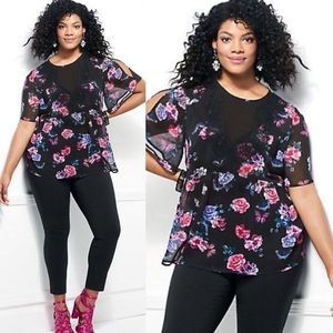 Torrid Floral Print Crinkled Chiffon Lace Trim Top